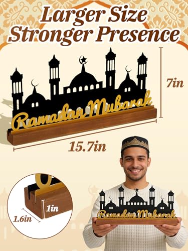 Enlarged 15.7in Metal Ramadan Mubarak Table Sign - Eid Decorations for Home, Black Palace with Gold Letters, Muslim Dinner Centerpieces for Islamic Gifts Parties Kitchen - style: Golden Letters