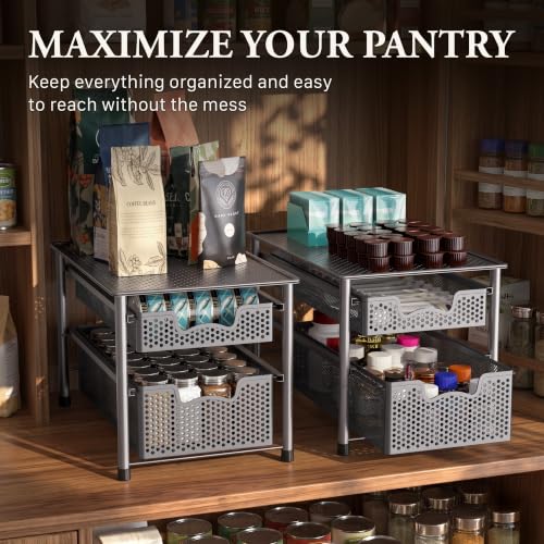 Simple Houseware Stackable 2 Tier Sliding Basket Organizer Drawer, Silver - color: Silver, size: 2-Tier