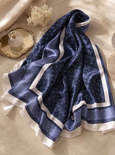 Satin Hijab Scarf for Women, Silk-Feeling Muslim Headscarf, Digital Bow Letter Print Head Wrap Shawl for Summer - color: Mlp004-navyblue