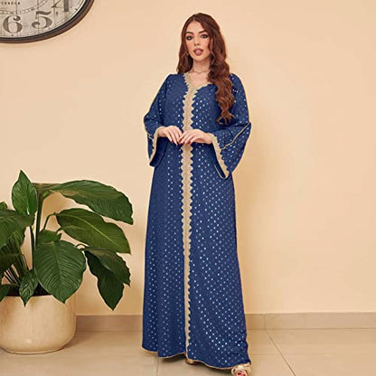 FPOVFPO Women's Muslim Abaya One-Piece V Neck Bronzing Dress Islamic Full Length Kaftan Daily Casual - color: Dark Blue, size: Large