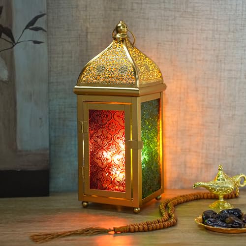 TRIROCKS Moroccan Lantern - 12" H Battery Operated Decorative Lantern, Indoor & Outdoor Table Lamp, Moroccan Lamp for Ramadan, Patio, Porch, Weddings, Parties, Events - size: 5*12"H