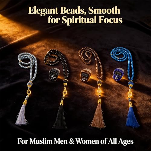 INSYOHO Islamic Prayer Beads & Glitter Tasbeeh Counter 4 Pack - Digital Finger Counter, Muslim Tasbih for Dhikr Meditation Ramadan, Elegant Islamic Gift - color: Black + Gray + Blue + Brown