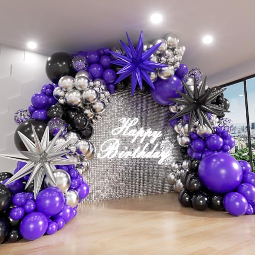 Purple and Black Balloon Arch Kit, 132Pcs Explosion Star Metallic Silver Purple Black Confetti Balloon Garland kit Different Size Balloons for Halloween Graduation Birthday Party Decorations - color: Black and Purple Silver
