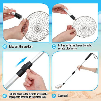 Roshtia 4 Pcs Beach Sand Sifter Set, Adjustable Long Handle Shell Scoop, Shark Tooth Sifter Mesh Shovel for Family Seashell Collecting, Sea Glass Hunting and Beach Treasure Fun - color: Gray, size: 30 Inch, style: Round
