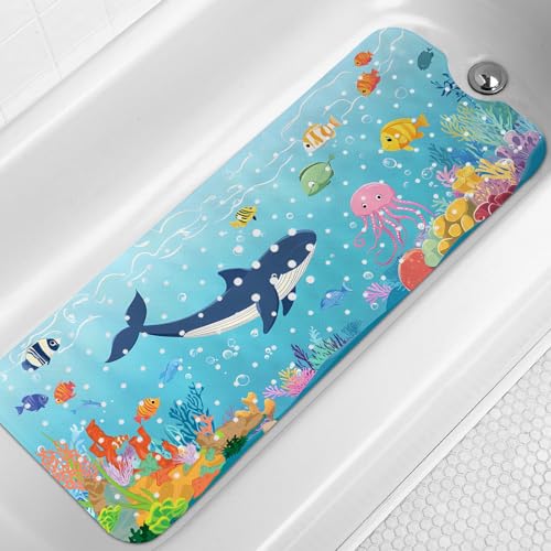 LNOND Bath Mat for Tub for Kids, Toddler Bathtub mat Non Slip, Sharks Fish Kids Bath Mats for Bathroom Non Slip with Drain Holes and Suction Cups,Machine Washable (40 X 16 Inch) - color: Sharks Fish