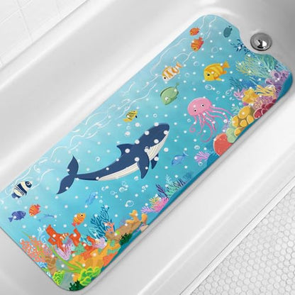 LNOND Bath Mat for Tub for Kids, Toddler Bathtub mat Non Slip, Sharks Fish Kids Bath Mats for Bathroom Non Slip with Drain Holes and Suction Cups,Machine Washable (40 X 16 Inch) - color: Sharks Fish