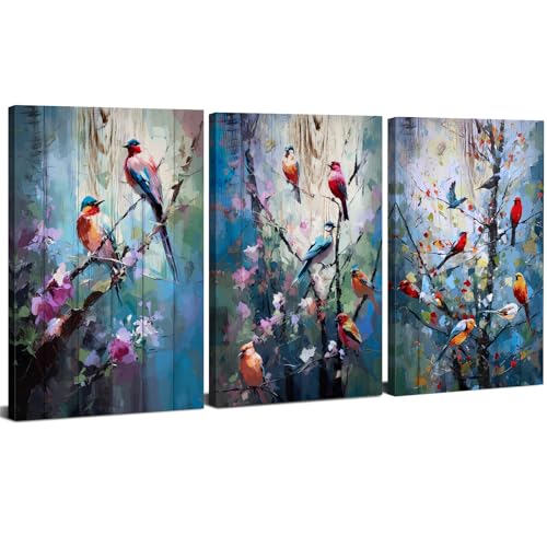 Colorful Bird Pictures Wall Decor Abstract Flower Bird Wall Art Vintage Birds on Branches Botanical Floral Canvas Prints Nature Farmhouse Bathroom Decor Bedroom Living Room Home Decoration 12x16" 3Pcs - color: Colorful Bird, size: 16"L x 12"W