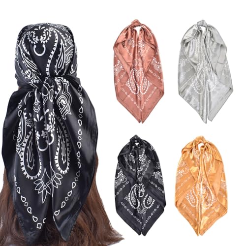 4Pcs Silk Head Scarves for Women Satin Hair Scarf 35”Large Square Bandana Silk Like Neck Scarf Shawl - color: Black/Brown/Yellow/Grey