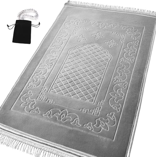 Islamika Prayer Mat Thick Islamic Muslim Rug - Padded mat Sajadah Men Women with Islam Prayer Beads for Eid Travel Ramadan, Soft and Padded (Gray) - color: Grey