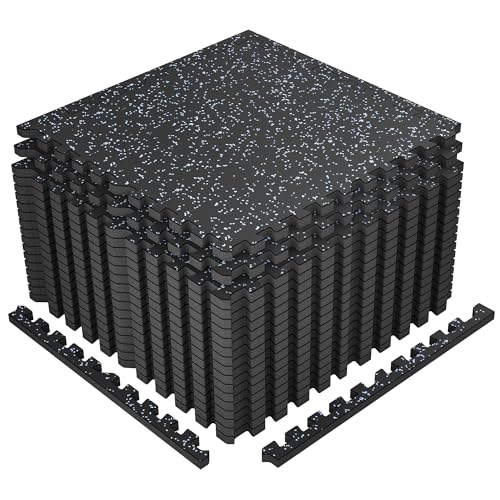 SUPERJARE 1" Extra-Thick Rubber Top Exercise Mat, Puzzle Gym Flooring for Home Gym, Gym Mat for Workout Equipment, Interlocking Floor Tiles with EVA Foam, 18 Pcs 72 Sq Ft, Black/Grey - size: 18 Tiles (72 Sq Ft)