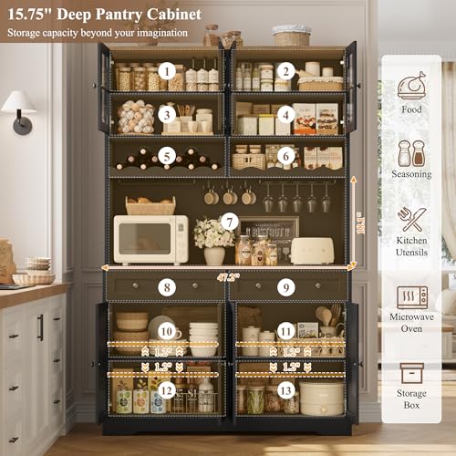 HOSTACK 75" Kitchen Pantry Storage Cabinet, Coffee Bar Hutch Cabinet, Black | Tall Pantry Cabinet with Charging Station / Wide Countertop / Glass Doors / Wine Rack / Cup Holder / Drawers, Dining Room - color: Black