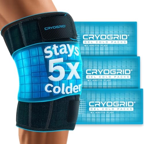 Cryogrid Knee Ice Pack Wrap - Reusable Cold Therapy Knee Ice Brace for Pain Relief, Swelling, Surgery Recovery, Arthritis, Patella & Meniscus Tear - Adjustable Compression Clay/Gel Wrap for Injuries