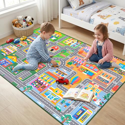Car Rug, Kids Play Mat for Floor Educational Learning Track Road Rugs for Kid Room Classroom Preschool Bedroom Playroom, 2.5 x 4 Feet - color: Multi 128, size: 2'6" x 4' (Rectangular)