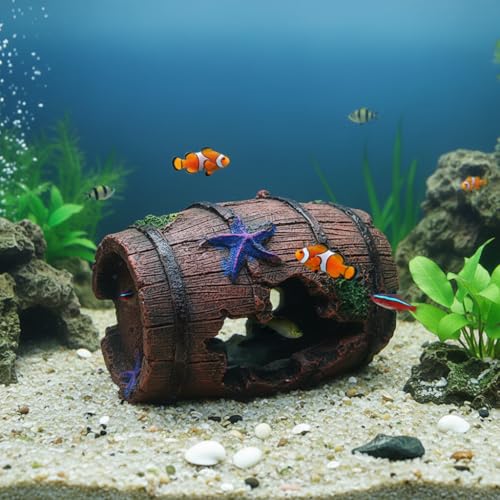 Resin Fish Tank Decor Cave Hideout 10cm Simulated Barrel Aquarium Ornament for Small Fish Freshwater and Saltwater