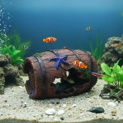 Resin Fish Tank Decor Cave Hideout 10cm Simulated Barrel Aquarium Ornament for Small Fish Freshwater and Saltwater