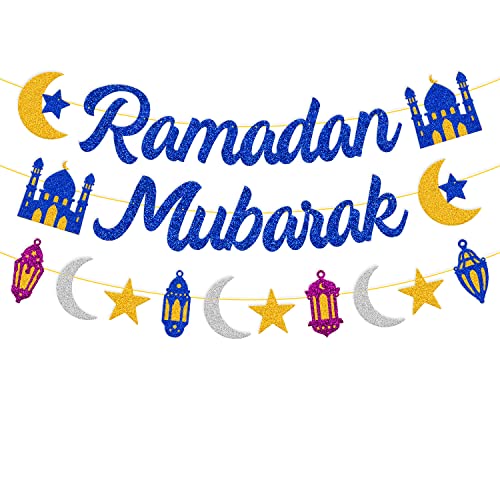 Ramadan Mubarak Banner Ramadan Star Moon Lantern Castle Theme Supplies for Muslim Islamic Ramadan Kareem Festival Celebration Party Decorations （Blue） - color: Blue