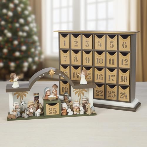 Precious Moments Countdown to Christmas Advent Calendar with Storybook – Wood/Resin Holiday Set with Figurines – 251438 - style: Nativity Countdown Advent Calendar