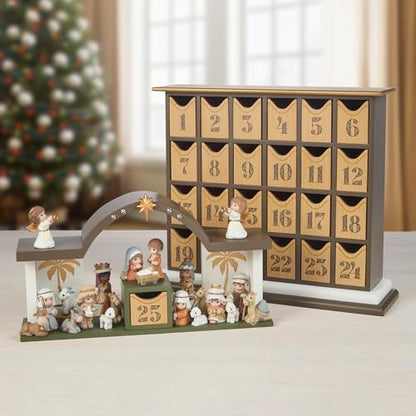 Precious Moments Countdown to Christmas Advent Calendar with Storybook – Wood/Resin Holiday Set with Figurines – 251438 - style: Nativity Countdown Advent Calendar