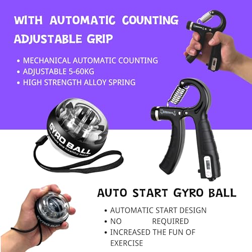 Hand Grip Strengthener Workout Kit (8 Pack) Forearm Grip Adjustable Resistance Hand Gripper, Finger Stretcher, Gyro Ball，Finger Exerciser, Grip Ring