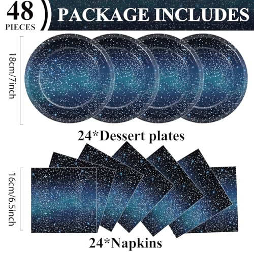 48Pcs Starry Night Starry Sky Galaxy Paper Plates and Napkins Solar System Party Decorations Ramadan Birthday Party Supplies Outer Space Disposable Tableware for Baby Shower Boys Girls Serves 24 - style: Starry Night