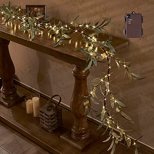 Hairui Lighted Artificial Olive Garland 6FT 96 LED Fairy Lights Battery Operated, Faux Vine Lights with Timer for Spring Christmas Holiday Fireplace Decor - color: Olive