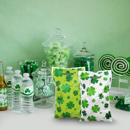 40pcs St. Patrick's Day Four-leaf Clover Gift Bags with Die Cut Handle, Green and White Double-side Color Print Lucky Cellophane Plastic Candy Cookie Treat Goodies Bag Saint Patricks Day Party Favor
