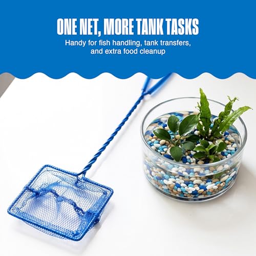 Penn-Plax Quick-Net Aquarium Fish Net - 5 x 4 in Fine Mesh, 16 in Vinyl-Covered Braided Long Handle - Small Aquarium Cleaning Tool for Gentle Fish Handling - Use in Freshwater & Saltwater Tanks - Blue - color: Blue, size: 5" Net - 16" Handle