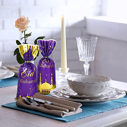Whaline 150Pcs Eid Mubarak Cellophane Candy Bags Purple Eid Ramadan Castle Cello Plastic Bags with 200Pcs Silver Gold Twist Tie Muslim Theme Goody Treat Bags for Party Favor Supplies, 3 Designs