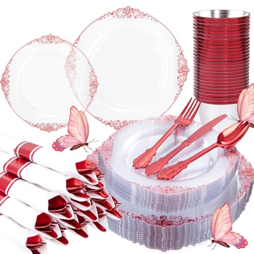 Hioasis 175pcs Clear and Red Plates - Red Party Plates for 25 Guest, Include 50 Heavy-duty Plates(20% Thicker Than Standard), 25 Pre Rolled Gold Plastic Silverware Set, 25 Cups for Graduation - color: Clear and Red