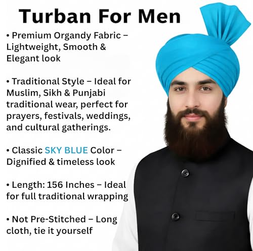 Turban For Men (156 Inches) Long Cloth – Muslim, Sikh, Punjabi Headwrap | For Prayer, Festivals & Special Occasions - color: Sky Blue