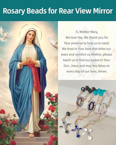 Rimvoe Car Rosary for Rearview Mirror Hanging - Catholic Religious Devout Gift with Virgin Mary Charm and Crucifix, Ideal Catholic Rosary Gifts for Men & Women - color: blue