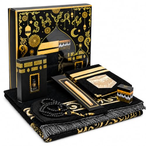 ihvan online Prayer Gift Set for Men & Women, Muslim Prayer Rug, Prayer Mat, Beads Taasbih, Velvet Covered Yaseen, Muslim Kufi Hat, Miswak, Islamic Gift Set for Ramadan & Eid, Black - color: Black Mix