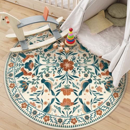 Moynesa Floral Bird Round Rug 6ft Washable Circle Rug Non Slip,Modern Bohemian Area Rugs for Bedroom Reading Coner,Farmhouse Living Dining Room Aesthetic Carpet Retro Home Decor - color: Beige, size: 6' (Round)