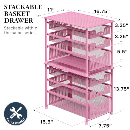 Simple Houseware Stackable 3 Tier Sliding Basket Organizer Drawer, Pink - color: Pink, size: 3-Tier