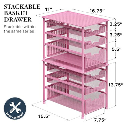 Simple Houseware Stackable 3 Tier Sliding Basket Organizer Drawer, Pink - color: Pink, size: 3-Tier