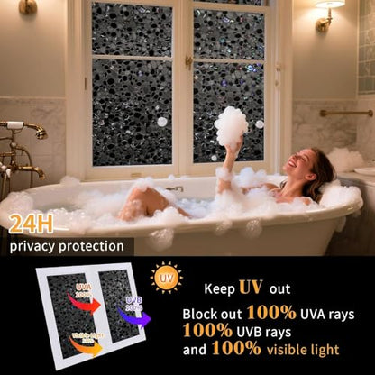 JAYONG Total Blackout Window Privacy Film with Tools, 35.4'' x 196.8'' | 3D Pebble Pattern, 100% Light & UV Blocking Heat Control, No Glue Static Cling Room Darkening Glass Tint for Bedroom Bath - color: Pebble Pattern - Total Black, size: 35.4 x 196.8 In