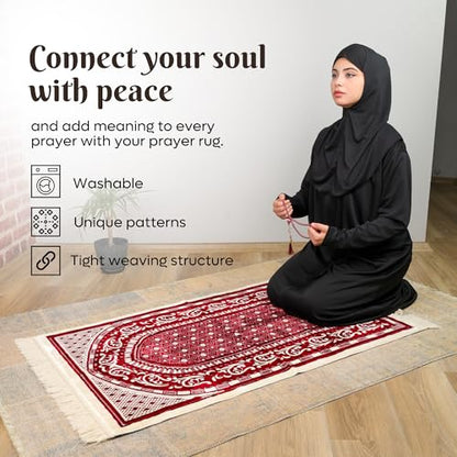 Velvet Muslim Prayer Rug Set with 99 Beads - Red - color: Red