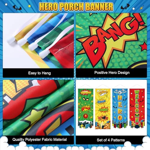 Panelee 4 Pcs Hero Theme Party Banners Hero Party Decorations City Comic Skyline Porch Sign Hanging Door Banner for Cityscape Birthday Backdrop Supplies - style: Hero