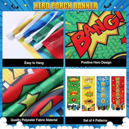 Panelee 4 Pcs Hero Theme Party Banners Hero Party Decorations City Comic Skyline Porch Sign Hanging Door Banner for Cityscape Birthday Backdrop Supplies - style: Hero