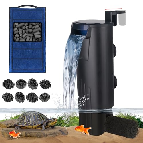 Turtle Tank Filter Aquarium Internal Filter for 3 to 20 Gallon Fish Tank, Bio-filtration Low Water Level Small Power Canister Filter, Frog Shrimp Newt Betta Water Clean, Hang On Back Waterfall Quiet | Activated Carbon Bio Balls Low Water Level Power Canis