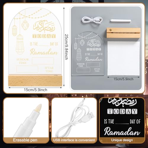 Baquler Ramadan Advent Countdown Calendar LED Eid Mubarak Decoration with Erasable Pen Cloth 2026 DIY Acrylic Ramadan Table Sign for Islam Muslims Office Home Days of Holy Month Countdown to Eid Gift