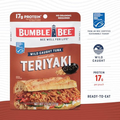 Bumble Bee Teriyaki Seasoned Tuna Pouch - Wild Caught and Ready to Eat for Snack, Salad, Korean Tuna Bowl - 17g Protein per Serving - PERFECT, PORTABLE, GOODNESS - 2.5 oz Packet (Pack of 4) - size: 2.5 Ounce (Pack of 4)