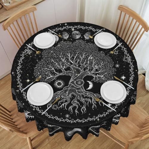 Life Tree Table Cloths, Rustic Gothic Hippie Sun Moon Tree of Life Witchy Boho Black White Mystic Moon Phase Star Coffee Table Cover Decor for Kitchen Dining Room Holiday Home Party, 70" Round - color: Life Tree-3, size: 70" (Round)