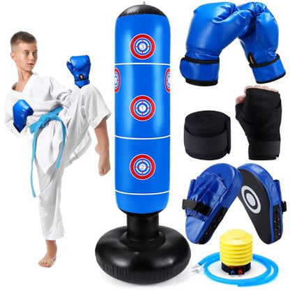 7 Pcs Kids Punching Bag Set Include Boxing Gloves, Inflatable Punching Bag, Hand Wraps, Hand Pads, Air Pump, Kids Boxing Training Set for Karate Kickboxing Taekwondo - color: Blue