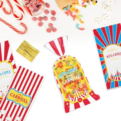 Threetols 120 Pcs Carnival Cellophane Bags - Stripe Plastic Bags with Twist Ties for Circus, Baby Shower, Party Favor - color: blue