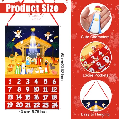 Wonderjune Nativity Advent Calendar Christmas Felt Hanging Advent Calendar Craft Religious Jesus Christian Nativity Scene Countdown to Christmas with 24 Ornaments Pockets Xmas Holiday Wall Decoration