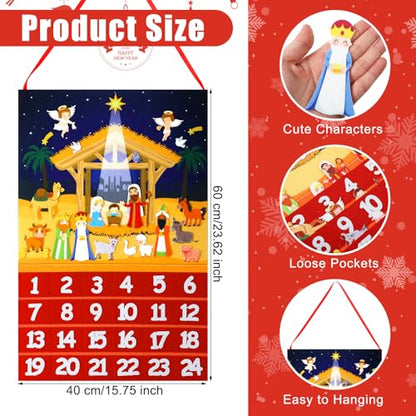 Wonderjune Nativity Advent Calendar Christmas Felt Hanging Advent Calendar Craft Religious Jesus Christian Nativity Scene Countdown to Christmas with 24 Ornaments Pockets Xmas Holiday Wall Decoration