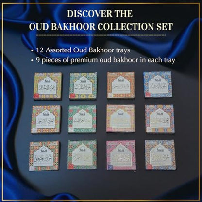 Dukhni Oud Bakhoor 컬렉션 세트 | 12개의 다양한 박스 | 120피스 바쿠어 | 리필 팩 | 아라비아 바쿠어 향 | 기도 시간, 라마단, 이드, 선물 및 바구니에 적합 | 오래 지속