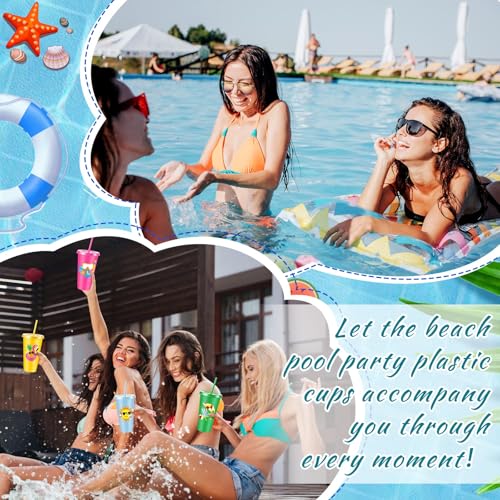 Chuangdi 12 Pcs Beach Pool Party Plastic Cups with Lids and Straws 24 oz Summer Luau Swimming Pool Themed Tumblers Drinking Cups for Beach Ball Hawaii Holiday Gifts Birthday Party Decorations Favors - style: Pool