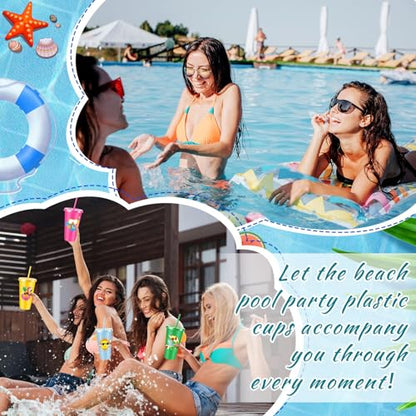Chuangdi 12 Pcs Beach Pool Party Plastic Cups with Lids and Straws 24 oz Summer Luau Swimming Pool Themed Tumblers Drinking Cups for Beach Ball Hawaii Holiday Gifts Birthday Party Decorations Favors - style: Pool